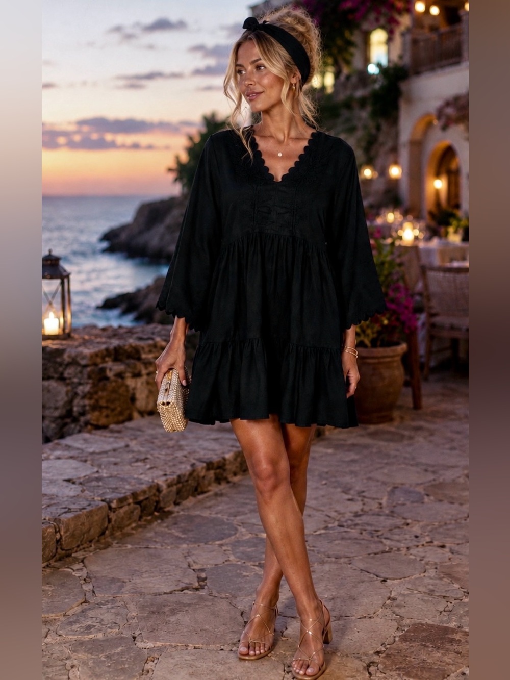 Lands’ End Black Boho Embroidered Cotton Tiered Tunic Dress Cover Up M